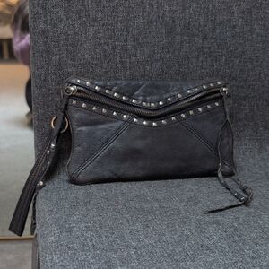 Steven By Steve Madden Black Studded Leather Wristlet Clutch with Zip Detail